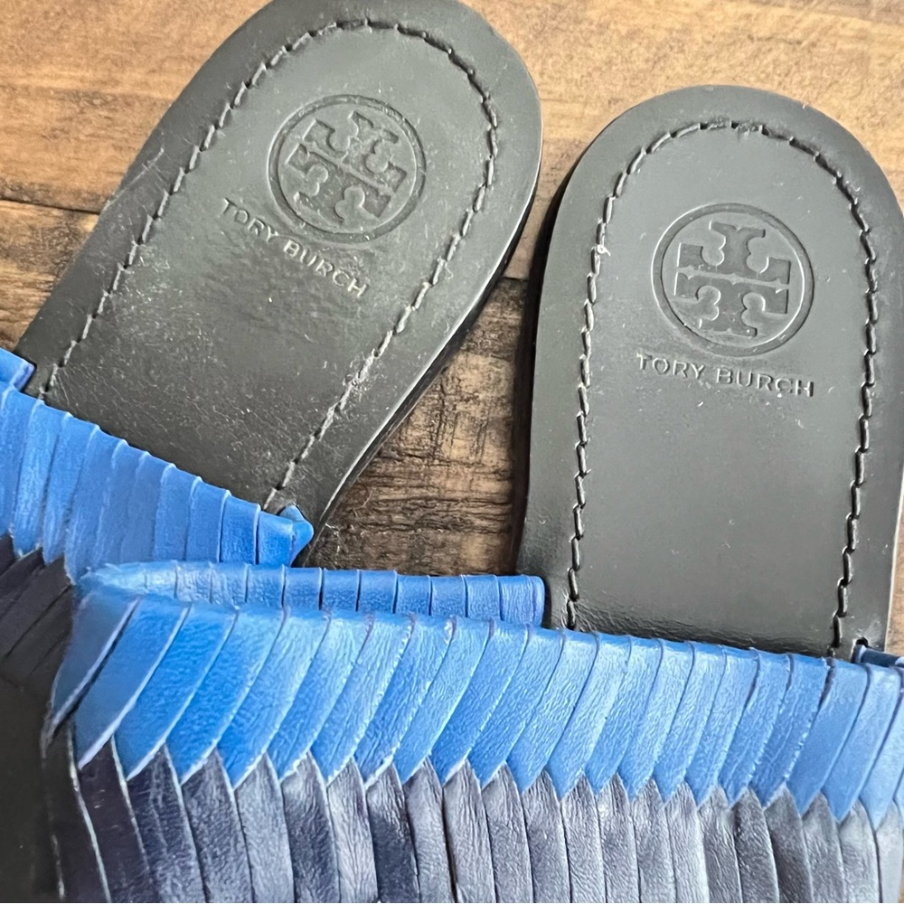 Tory Burch Neptune Baltic Blue Bi-Color Woven Flat Sandal - Picture 2 of 5